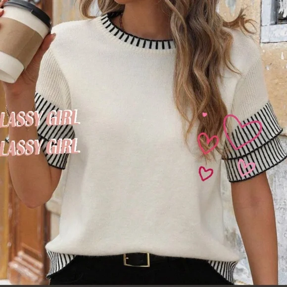 Plus Classic Striped Loose Fit Layered Sleeve Blouse